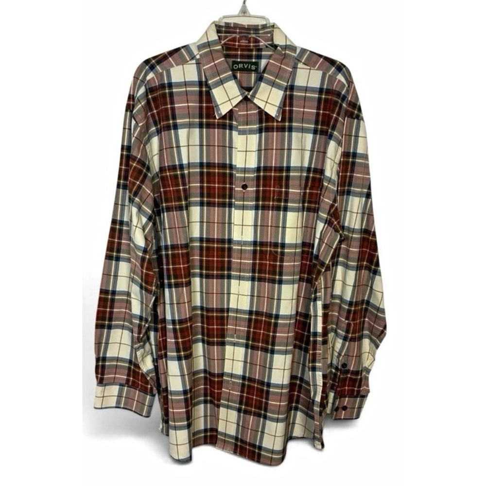 Orvis Plaid Woven Button Up Shirt Mens 2XL Big & Tall Long Sleeve Beige Brown